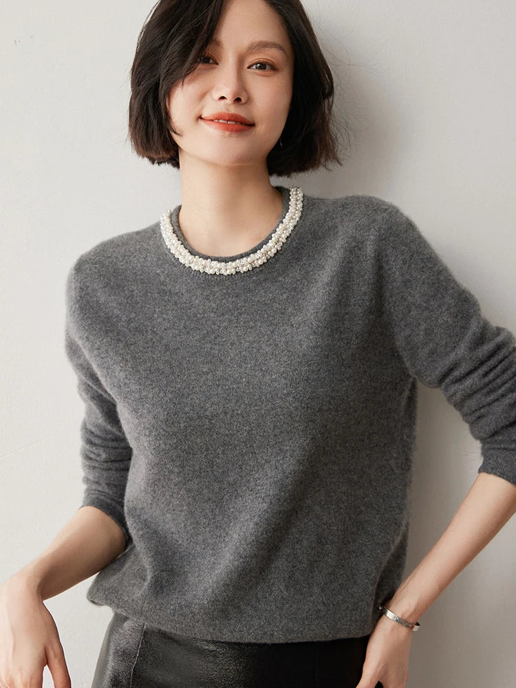 CHICUU Women's 100% Cashmere Sweater O-neck Pullover Autumn Winter Beading Design Grace Style Cashmere Knitwear Female Clothes