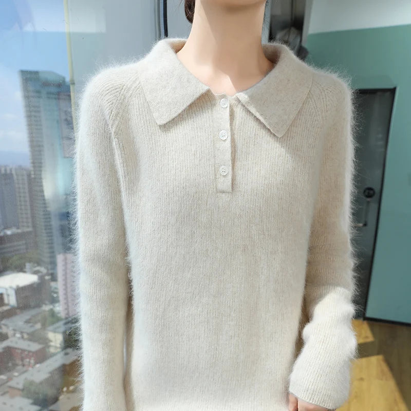 100% Mink Cashmere Women's Pullover Polo Collar Buttoned Sweater Autumn Winter Long Sleeve Knitwear Soft Warm Chic Clothings