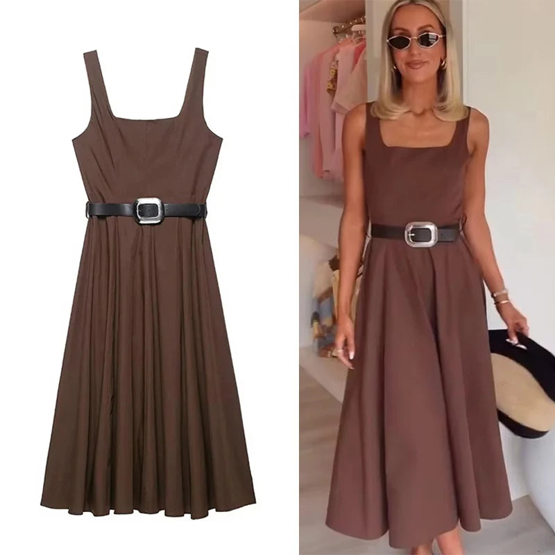 2025 Fashion With Belt Long Dresses for Women Summer Sleeveless Slip Dress Vintage Female Elegant Party Dresses