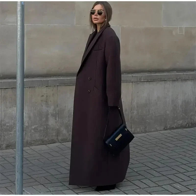 2024 Elegant Woolen Double-breasted Lapel Woolen Overcoat with Pockets Long Sleeve Coats Casual Autumn New Lady High Streetwear