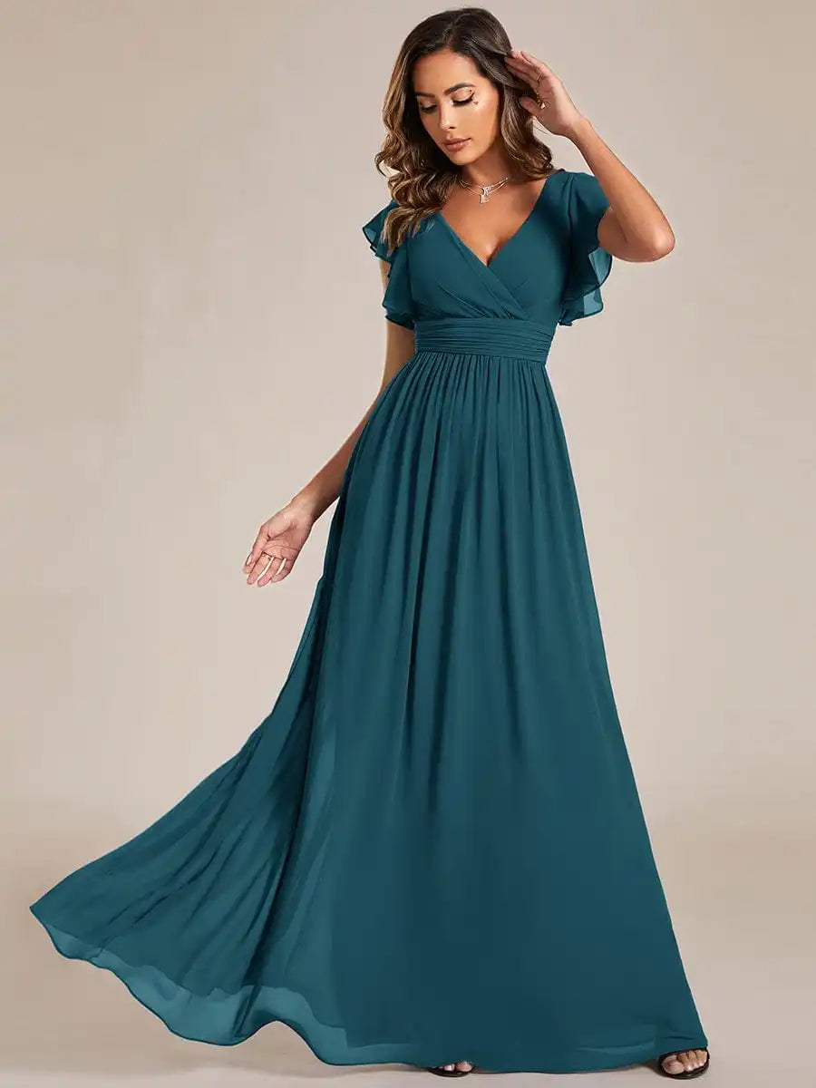 BAZIIINGAAA Party Dress Floral V-Neck Open Back Ruffled Sleeves Chiffon Bridesmaid Dress Evening dress