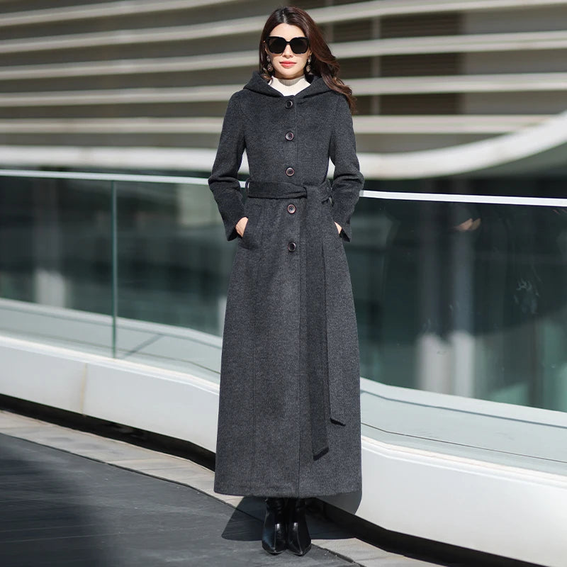 2025 Fall/Winter New Arrival: Dark Grey Hooded Wool Coat - Fashionable Slim-Fit Long Overcoat for Streetwear & Daily Wear