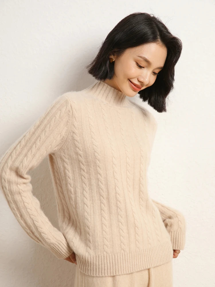 TLOML Mock Neck Long Sleeve Women 100% Cashmere Sweater Cable Knitting Pullover  Cashmere Knitwear Autumn Winter Thick Soft Tops