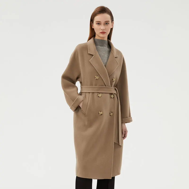 Ladies' 100% cashmere thick double-sided extended coat, classic, versatile and fashionable for business and leisure