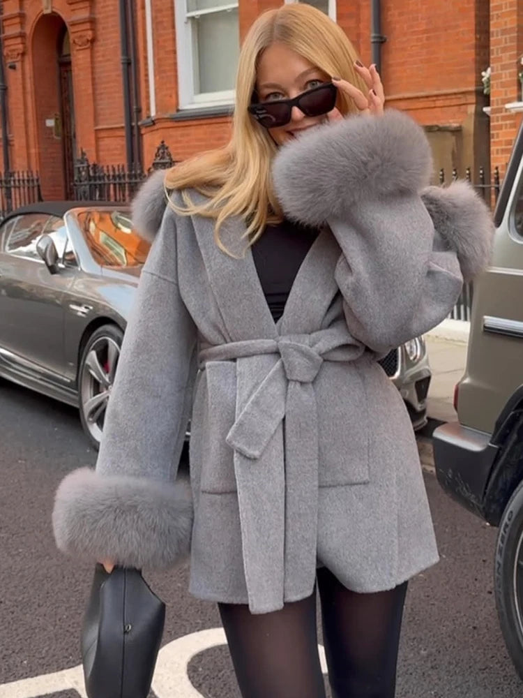Women Solid Fur Collar Hooded Woolen Overcoat Casual Plush Cuff Lace Up Pockets Mid-length Coat 2025 Lady Daily Commute Wear New