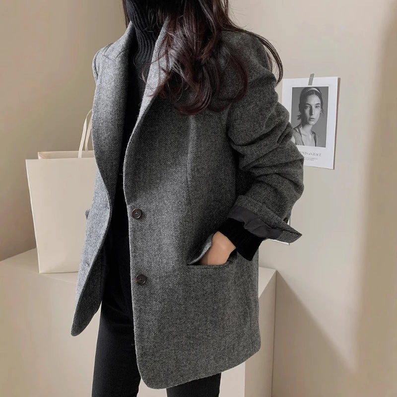 Retro Lapel Two-Button Women's Herringbone Woolen Blazer Loose Long-Sleeved Spring Autumn New Style Coat Suit